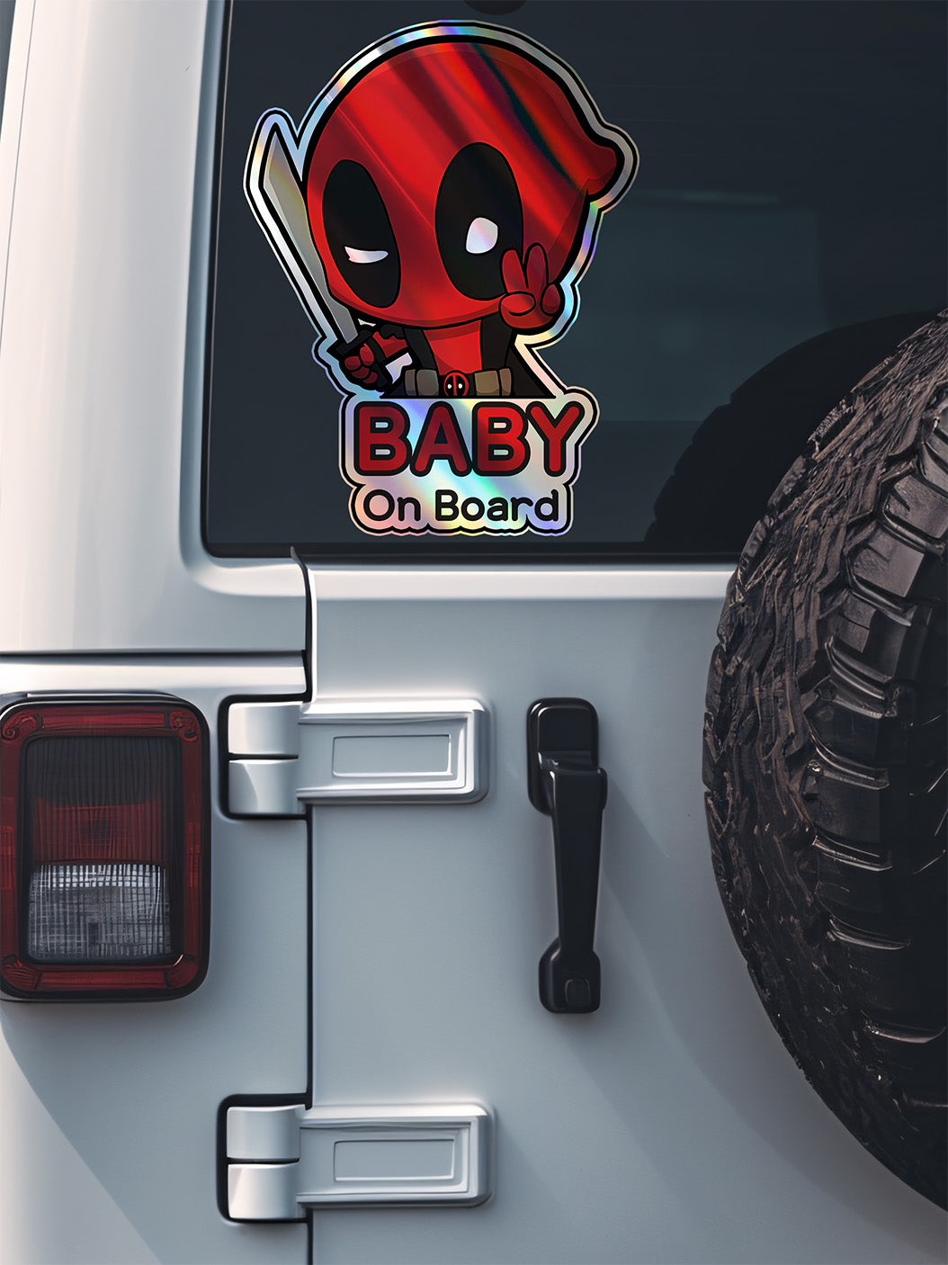 Holographic Baby On Board Deadpool Sticker | Cute Marvel Anti-Hero Car Decal | Funny Baby Safety Sticker | Superhero Car Decor