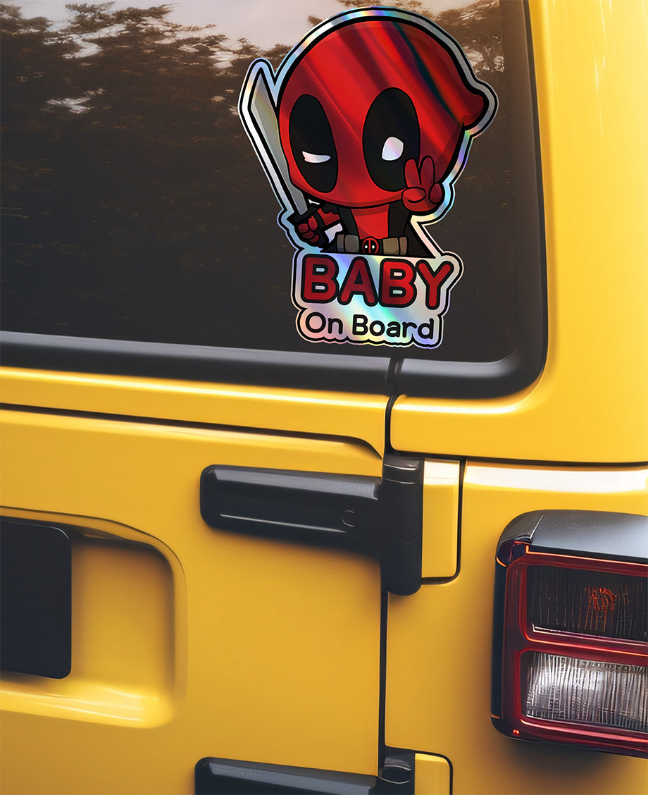 Holographic Baby On Board Deadpool Sticker | Cute Marvel Anti-Hero Car Decal | Funny Baby Safety Sticker | Superhero Car Decor