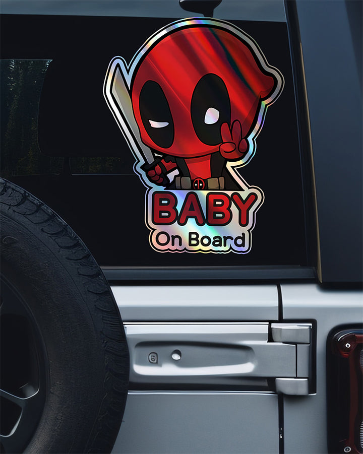 Holographic Baby On Board Deadpool Sticker | Cute Marvel Anti-Hero Car Decal | Funny Baby Safety Sticker | Superhero Car Decor