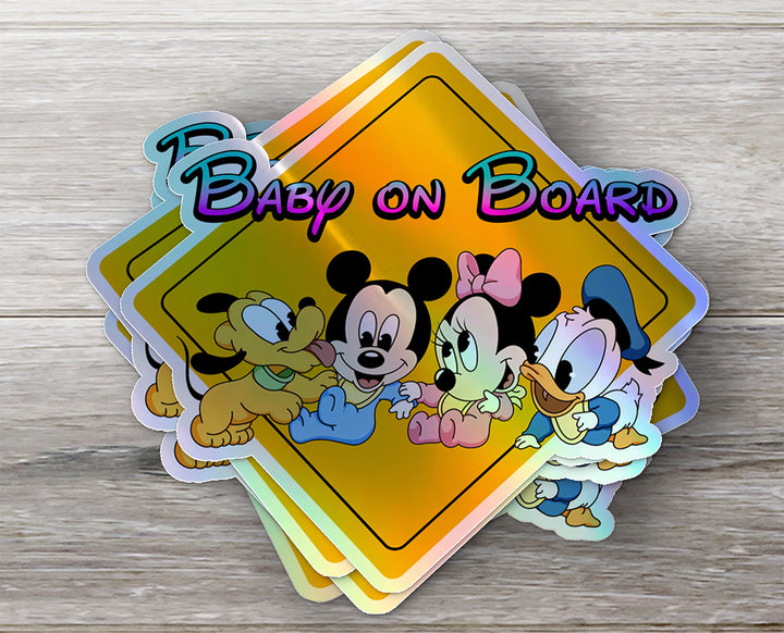 Disney Babies On Board - Baby on Board Car Window Sticker - Mickey - Pluto - Mini - Donald-Waterproof & Holographic - Eye-catching Yellow Diamond Shape