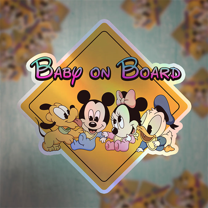 Disney Babies On Board - Baby on Board Car Window Sticker - Mickey - Pluto - Mini - Donald-Waterproof & Holographic - Eye-catching Yellow Diamond Shape