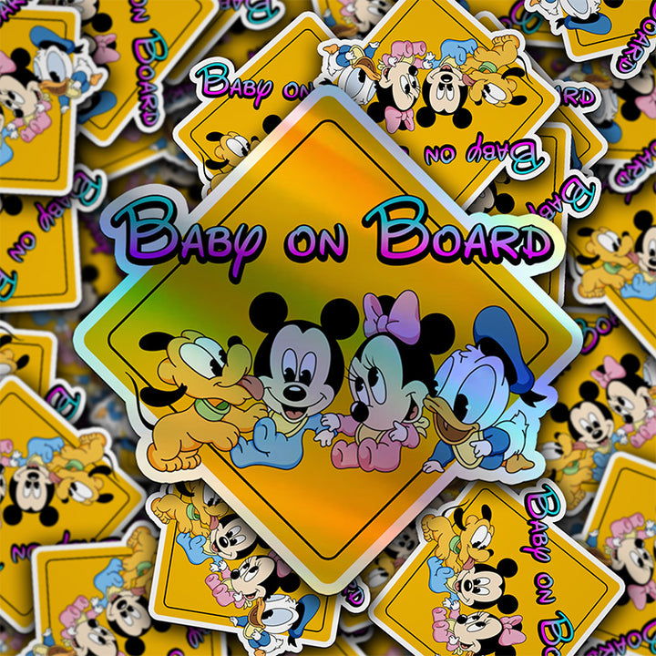 Disney Babies On Board - Baby on Board Car Window Sticker - Mickey - Pluto - Mini - Donald-Waterproof & Holographic - Eye-catching Yellow Diamond Shape