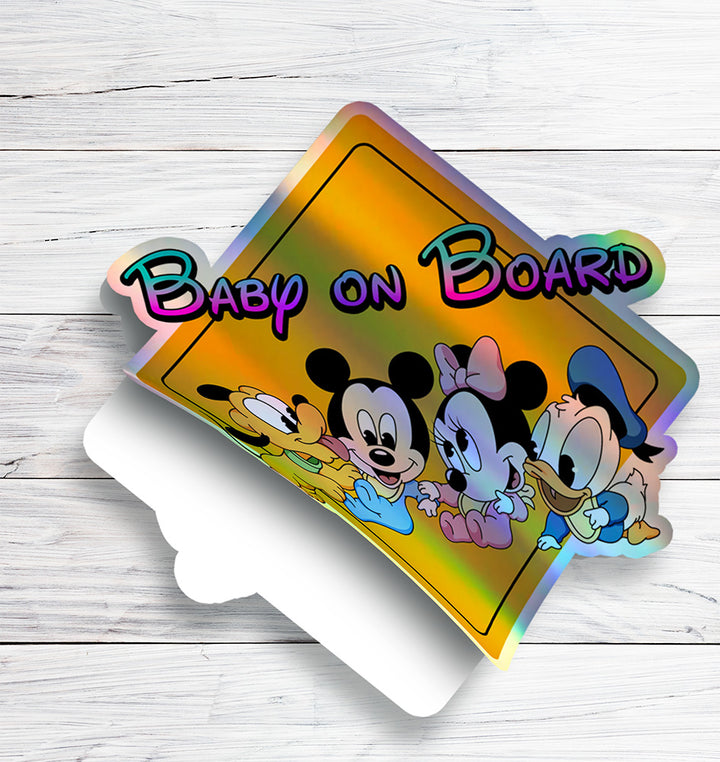 Disney Babies On Board - Baby on Board Car Window Sticker - Mickey - Pluto - Mini - Donald-Waterproof & Holographic - Eye-catching Yellow Diamond Shape