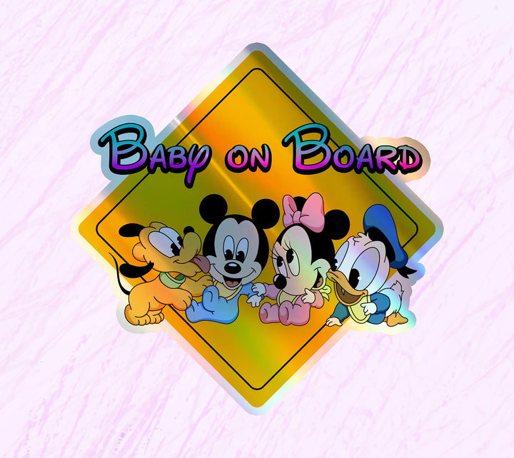 Disney Babies On Board - Baby on Board Car Window Sticker - Mickey - Pluto - Mini - Donald-Waterproof & Holographic - Eye-catching Yellow Diamond Shape