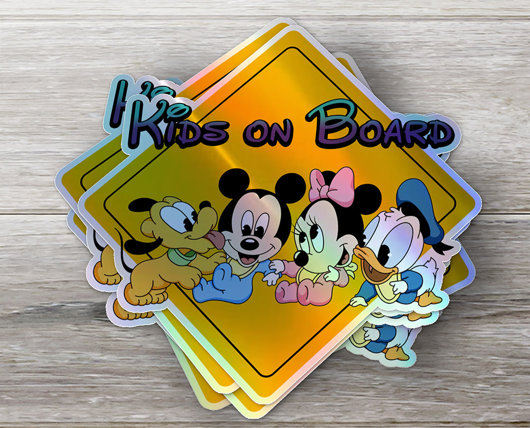 Disney Babies On Board - Kids on Board Car Window Sticker - Mickey - Pluto - Mini - Donald-Waterproof & Holographic - Eye-catching Yellow Diamond Shape