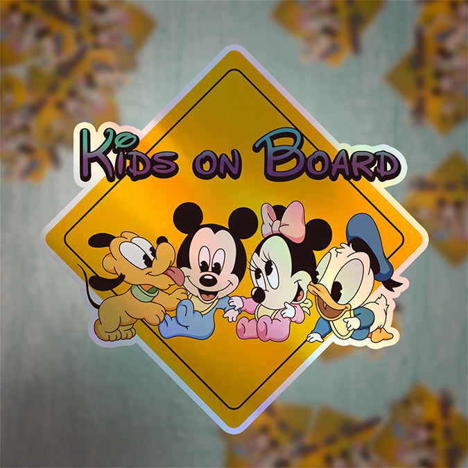 Disney Babies On Board - Kids on Board Car Window Sticker - Mickey - Pluto - Mini - Donald-Waterproof & Holographic - Eye-catching Yellow Diamond Shape