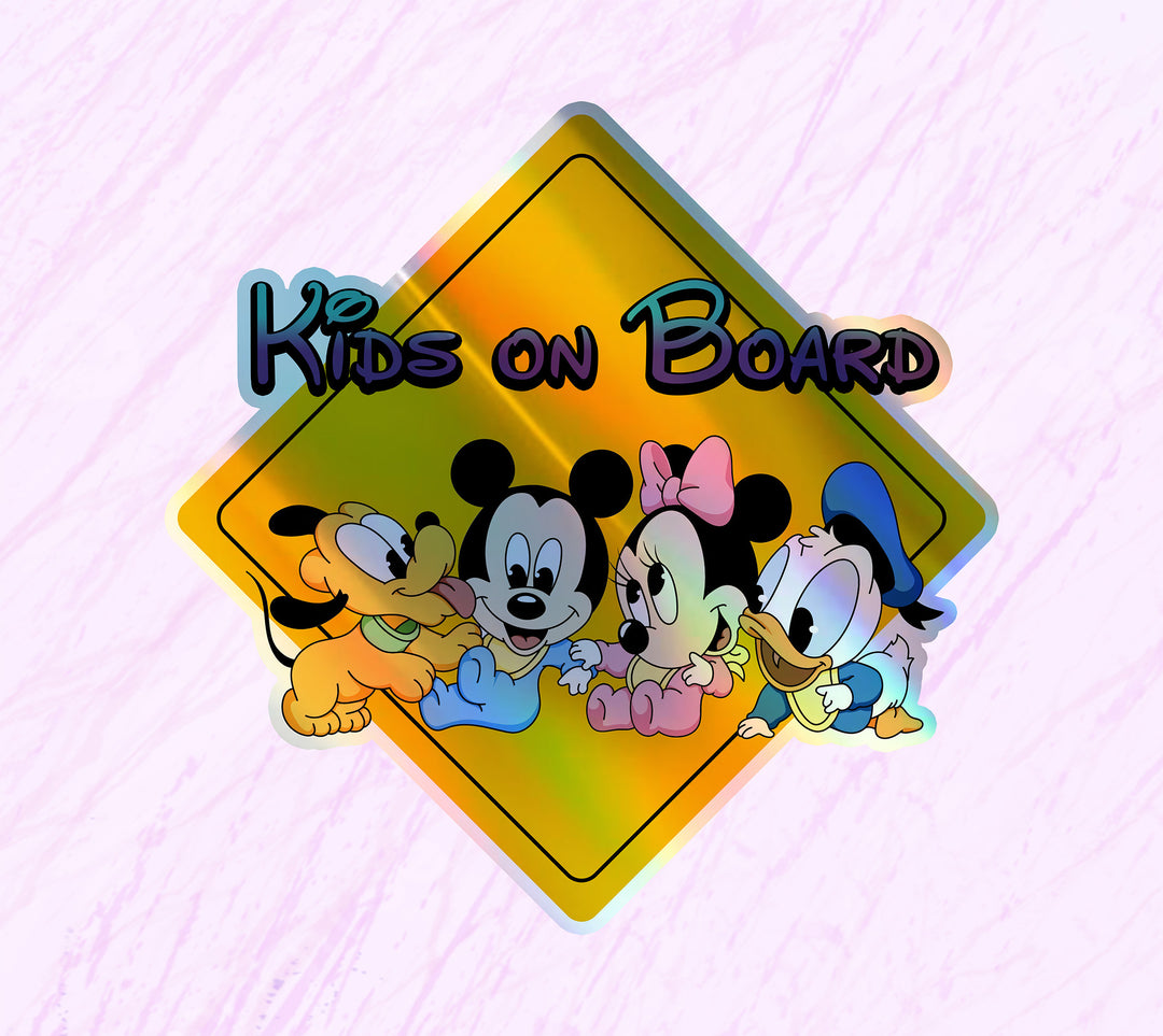 Disney Babies On Board - Kids on Board Car Window Sticker - Mickey - Pluto - Mini - Donald-Waterproof & Holographic - Eye-catching Yellow Diamond Shape