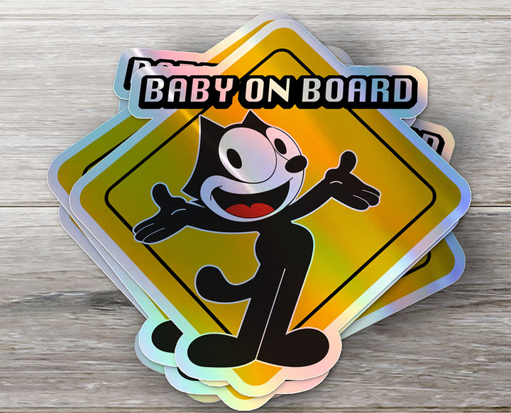 Baby on Board Car Sticker - "Felix The Cat" Character Design  - Holographic & Weather-Resistant