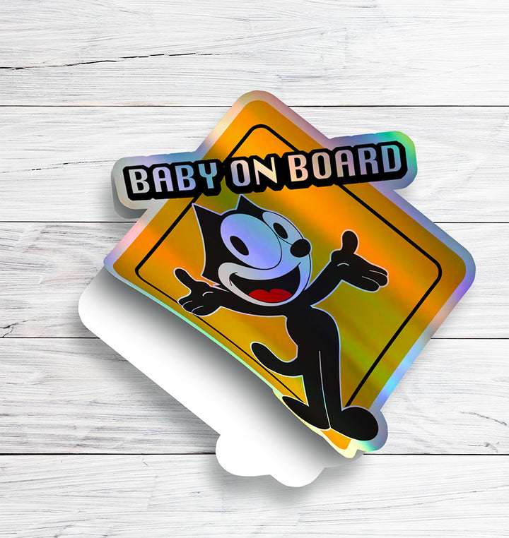 Baby on Board Car Sticker - "Felix The Cat" Character Design  - Holographic & Weather-Resistant