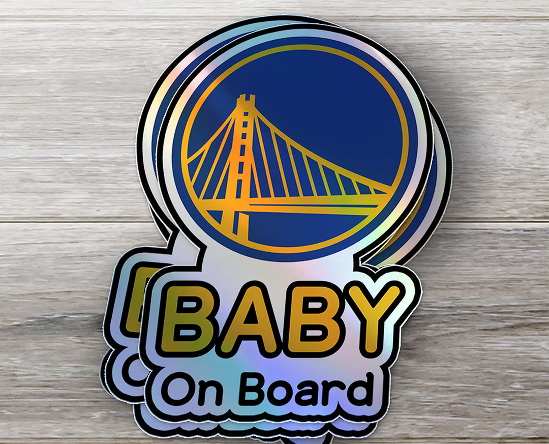 Show your team pride with this "Baby on Board" sticker featuring the iconic Golden State Warriors logo!