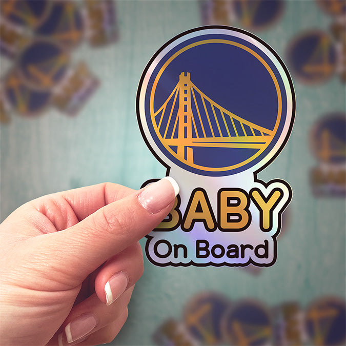 Show your team pride with this "Baby on Board" sticker featuring the iconic Golden State Warriors logo!