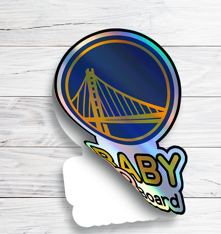 Show your team pride with this "Baby on Board" sticker featuring the iconic Golden State Warriors logo!