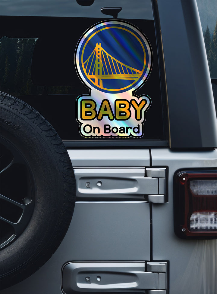 Show your team pride with this "Baby on Board" sticker featuring the iconic Golden State Warriors logo!