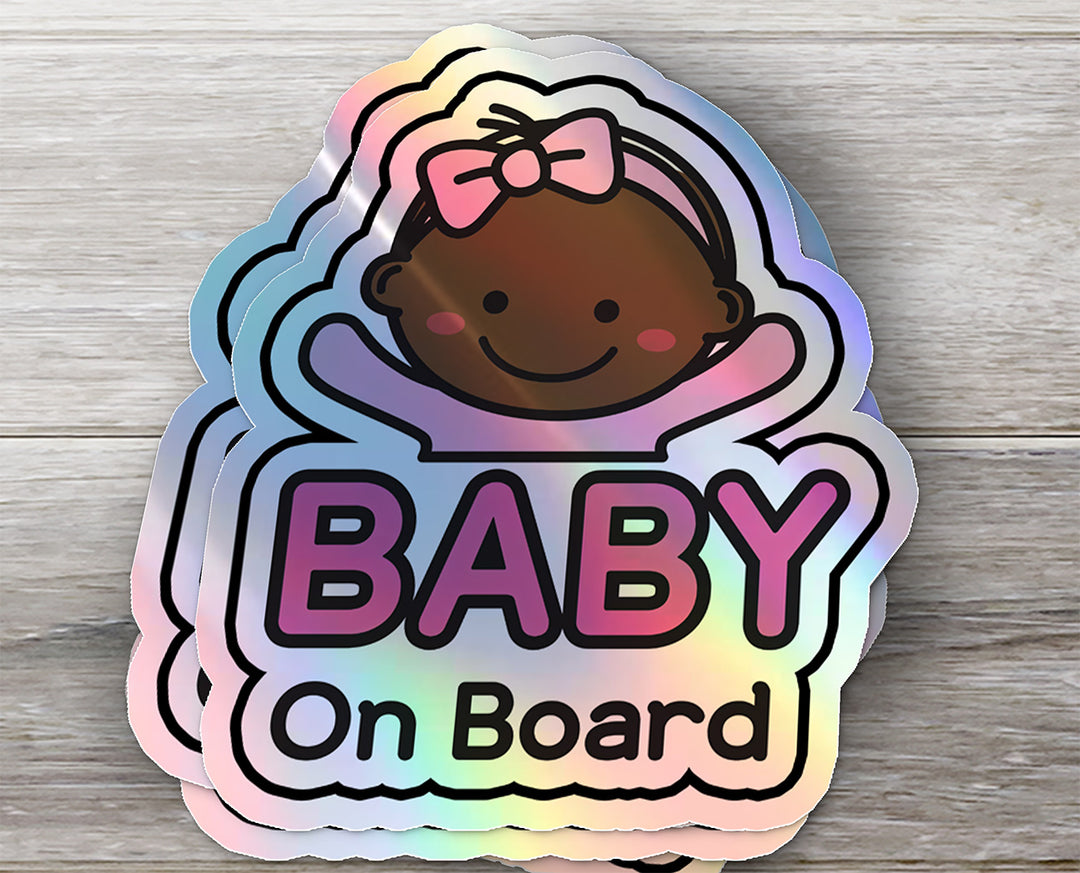 Baby on Board Car Sticker - Baby Girl Character Design  - Holographic & Weather-Resistant