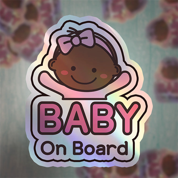 Baby on Board Car Sticker - Baby Girl Character Design  - Holographic & Weather-Resistant