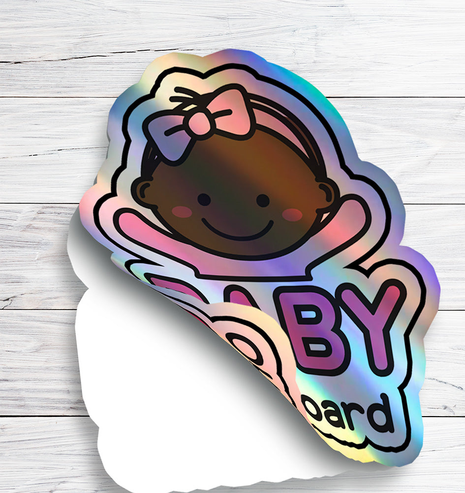 Baby on Board Car Sticker - Baby Girl Character Design  - Holographic & Weather-Resistant