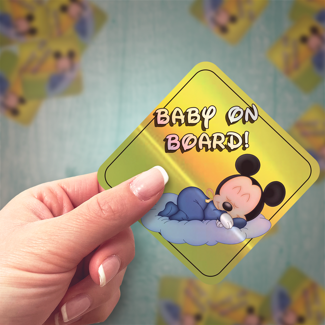 Baby Mickey Sleeping on Cloud - Baby on Board Car Window Sticker - Waterproof & Holographic - Eye-catching Yellow Diamond Shape Baby on Board - Rozovy