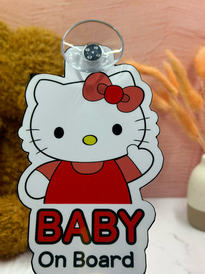 Hello Kitty Baby On Board Sign - Cute Aluminum Car Safety Warning Sign with Suction Cup - Durable Red and White Child Safety Alert