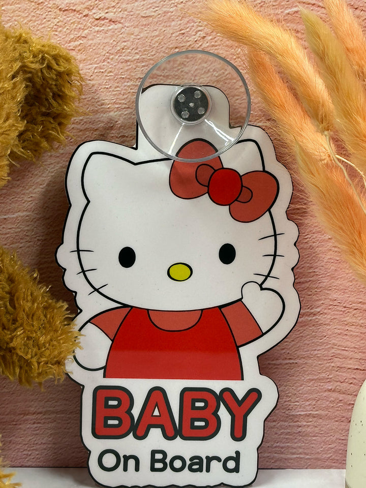 Hello Kitty Baby On Board Sign - Cute Aluminum Car Safety Warning Sign with Suction Cup - Durable Red and White Child Safety Alert