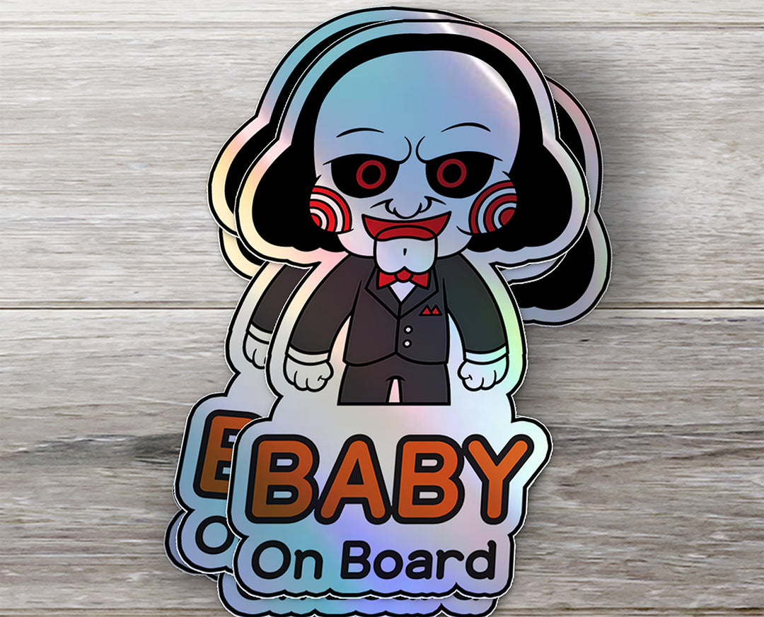 Holographic Baby On Board Jigsaw Sticker | Creepy Cute Saw Movie Car Decal | Halloween Horror Baby Safety Sticker | Unique Car Decor