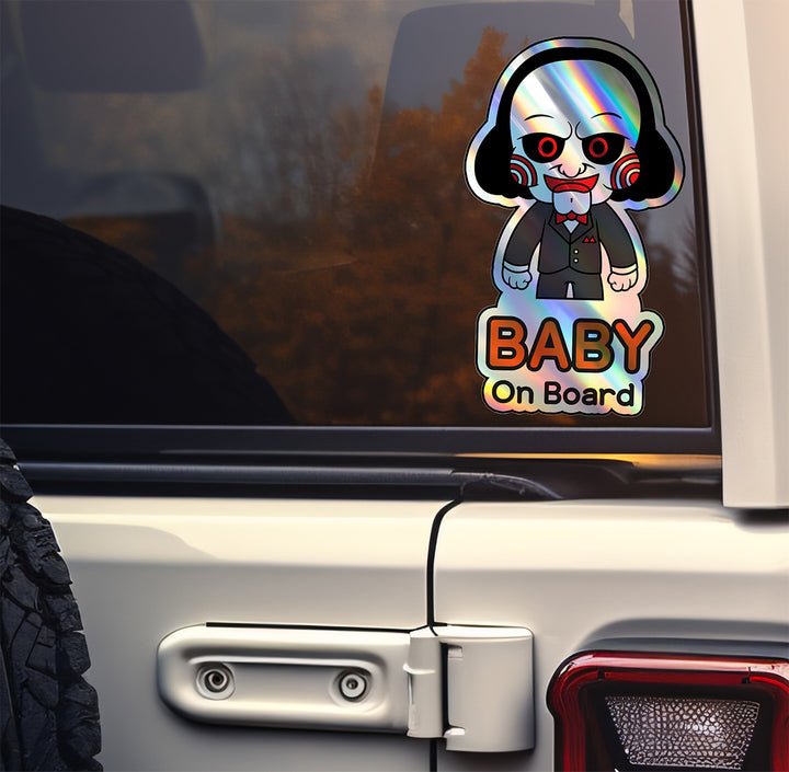 Holographic Baby On Board Jigsaw Sticker | Creepy Cute Saw Movie Car Decal | Halloween Horror Baby Safety Sticker | Unique Car Decor