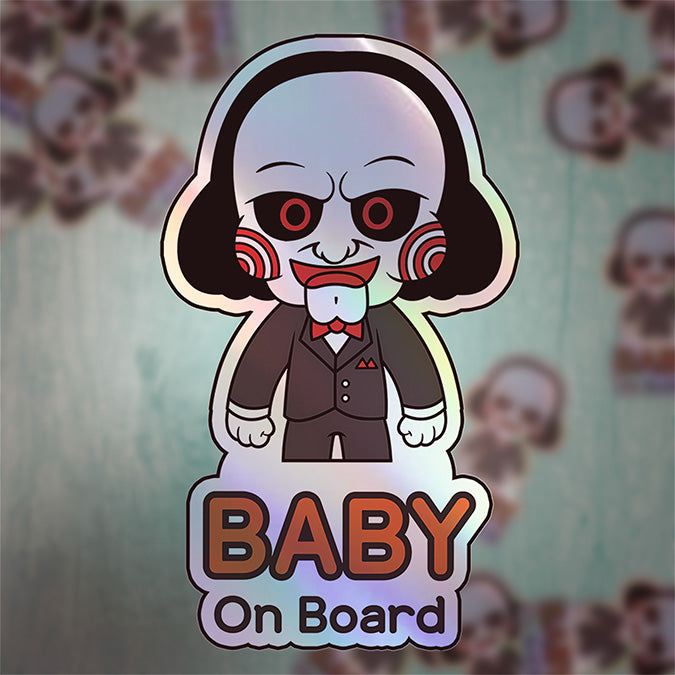 Holographic Baby On Board Jigsaw Sticker | Creepy Cute Saw Movie Car Decal | Halloween Horror Baby Safety Sticker | Unique Car Decor