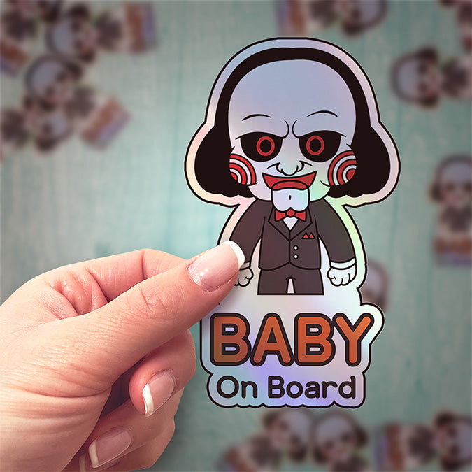 Holographic Baby On Board Jigsaw Sticker | Creepy Cute Saw Movie Car Decal | Halloween Horror Baby Safety Sticker | Unique Car Decor