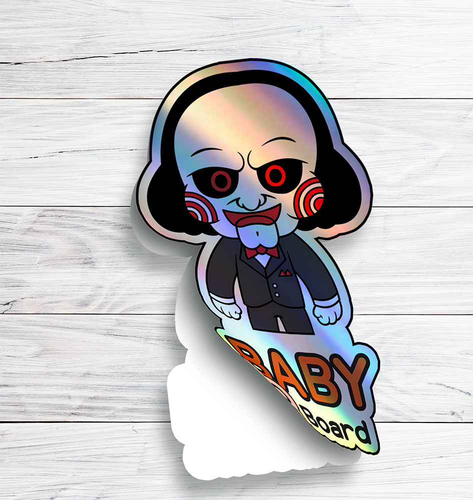 Holographic Baby On Board Jigsaw Sticker | Creepy Cute Saw Movie Car Decal | Halloween Horror Baby Safety Sticker | Unique Car Decor