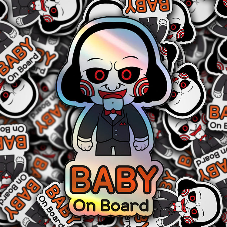 Holographic Baby On Board Jigsaw Sticker | Creepy Cute Saw Movie Car Decal | Halloween Horror Baby Safety Sticker | Unique Car Decor