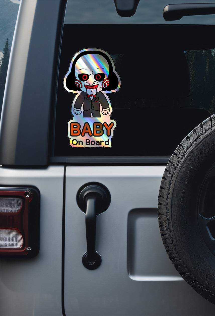 Holographic Baby On Board Jigsaw Sticker | Creepy Cute Saw Movie Car Decal | Halloween Horror Baby Safety Sticker | Unique Car Decor