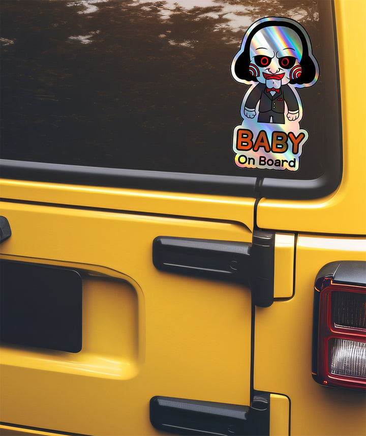 Holographic Baby On Board Jigsaw Sticker | Creepy Cute Saw Movie Car Decal | Halloween Horror Baby Safety Sticker | Unique Car Decor