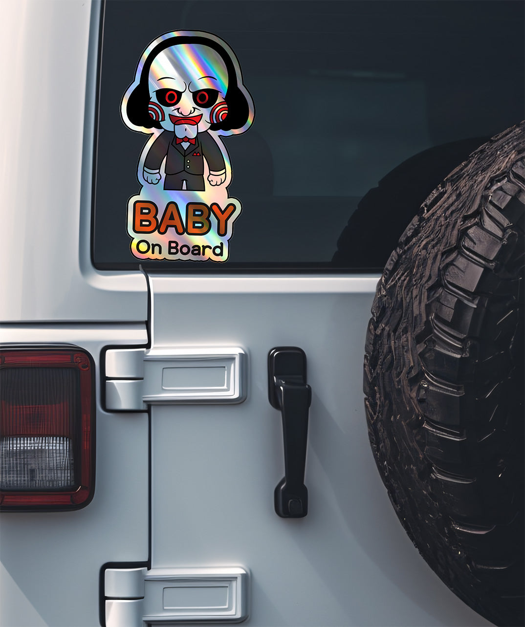 Holographic Baby On Board Jigsaw Sticker | Creepy Cute Saw Movie Car Decal | Halloween Horror Baby Safety Sticker | Unique Car Decor