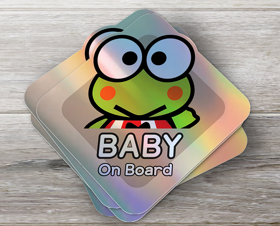 Baby on Board Sticker - Holographic  - Car Window Decal - Baby Safety Sign - Sanrio Keroppi Inspired Sticker - Fun Kids Car Accessories