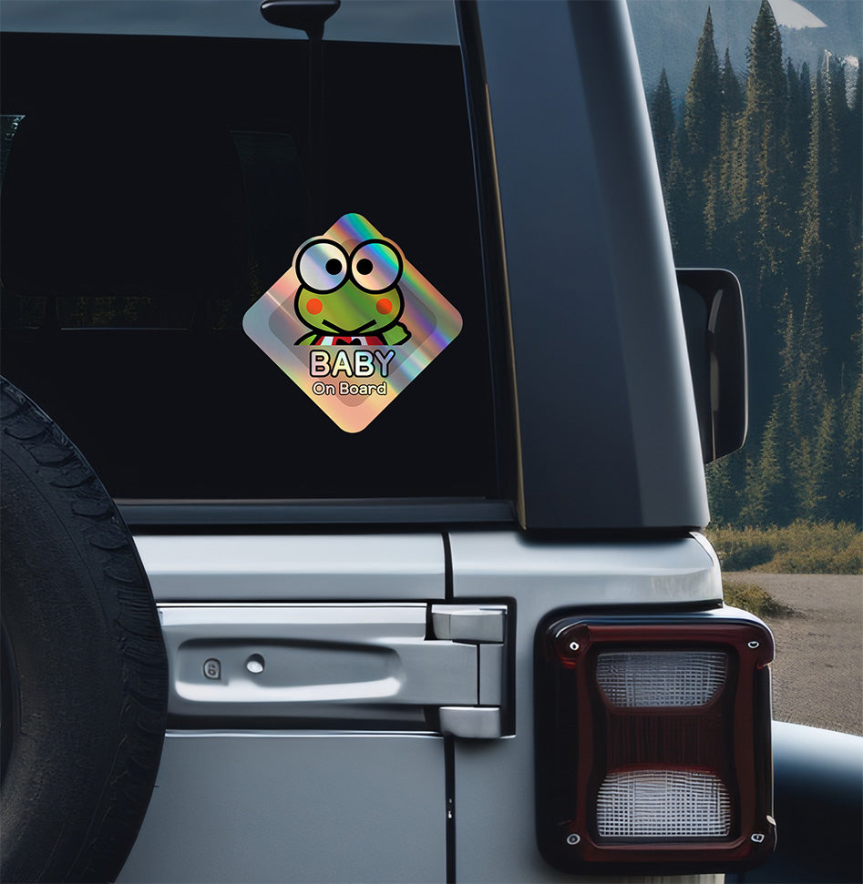 Baby on Board Sticker - Holographic  - Car Window Decal - Baby Safety Sign - Sanrio Keroppi Inspired Sticker - Fun Kids Car Accessories