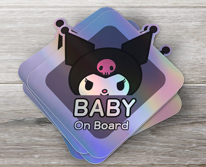 Baby on Board Sticker - Holographic - Car Window Decal - Baby Safety Sign - Sanrio Kuromi Inspired Sticker - Cool Kids Car Accessories