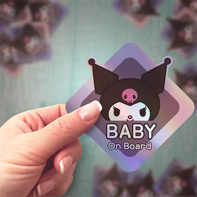 Baby on Board Sticker - Holographic - Car Window Decal - Baby Safety Sign - Sanrio Kuromi Inspired Sticker - Cool Kids Car Accessories