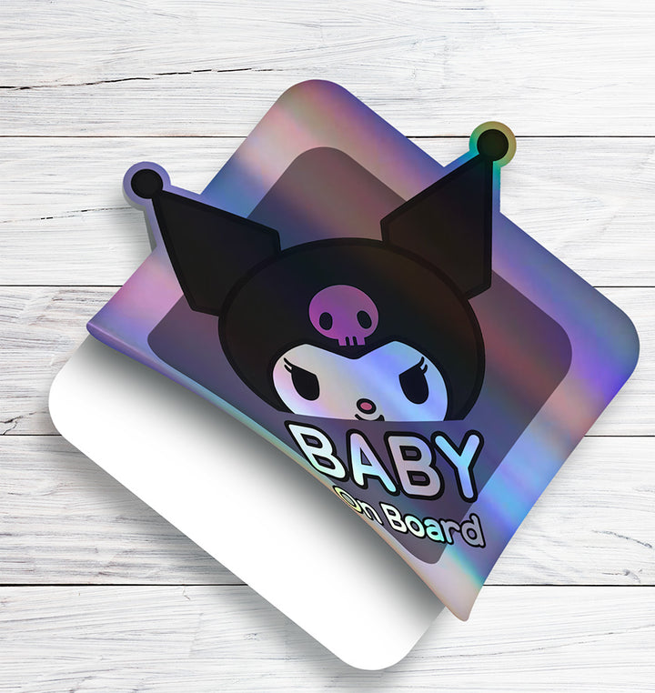 Baby on Board Sticker - Holographic - Car Window Decal - Baby Safety Sign - Sanrio Kuromi Inspired Sticker - Cool Kids Car Accessories