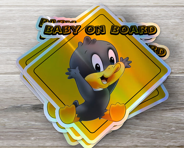 Baby on Board Car Window Sticker -Looney Tunes "Daffy Duck"-Waterproof & Holographic - Eye-catching Yellow Diamond Shape