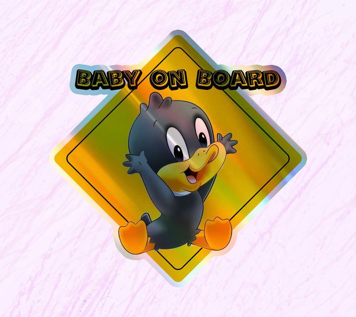 Baby on Board Car Window Sticker -Looney Tunes "Daffy Duck"-Waterproof & Holographic - Eye-catching Yellow Diamond Shape