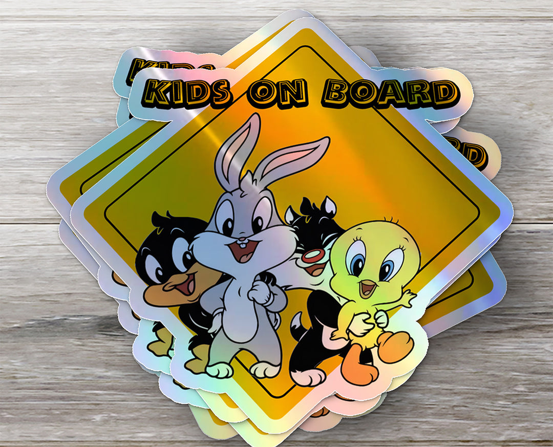 Baby on Board Car Window Sticker -"Baby Looney Tunes" Characters-Waterproof & Holographic - Eye-catching Yellow Diamond Shape