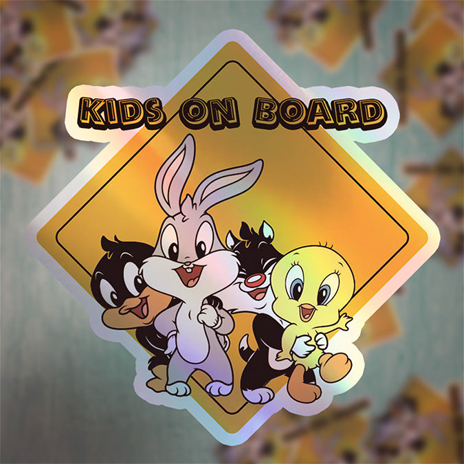 Baby on Board Car Window Sticker -"Baby Looney Tunes" Characters-Waterproof & Holographic - Eye-catching Yellow Diamond Shape