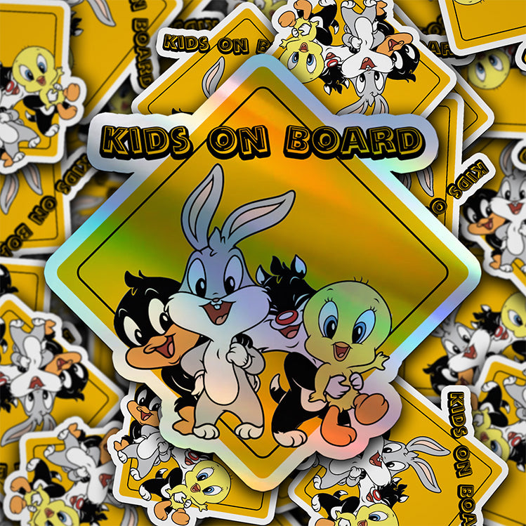 Baby on Board Car Window Sticker -"Baby Looney Tunes" Characters-Waterproof & Holographic - Eye-catching Yellow Diamond Shape