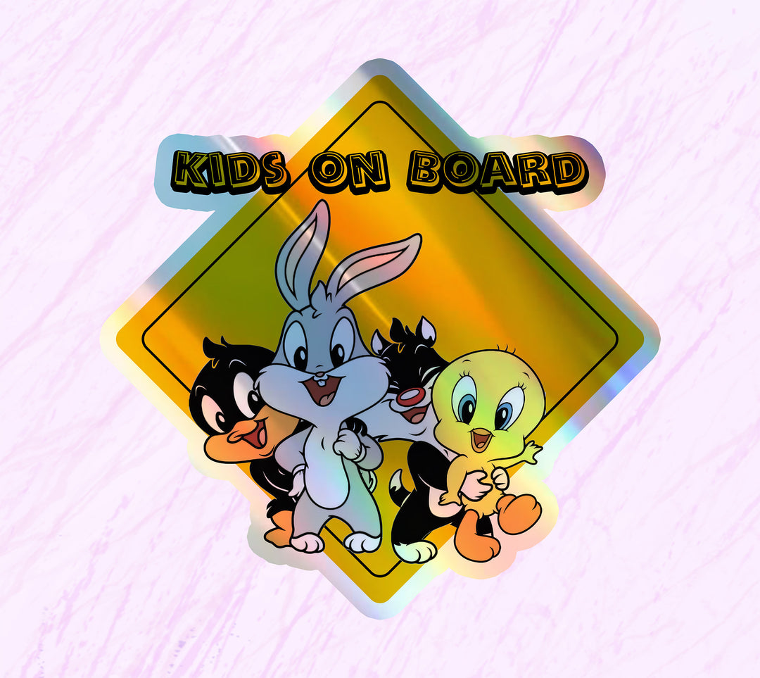 Baby on Board Car Window Sticker -"Baby Looney Tunes" Characters-Waterproof & Holographic - Eye-catching Yellow Diamond Shape