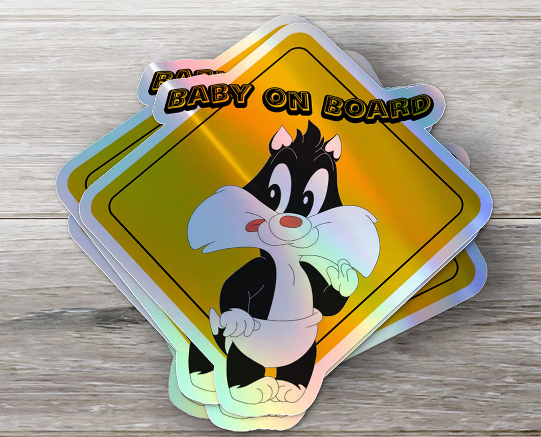 Baby Baby on Board Car Window Sticker -Looney Tunes "Baby Sylvester" - Waterproof & Holographic - Eye-catching Yellow Diamond Shape