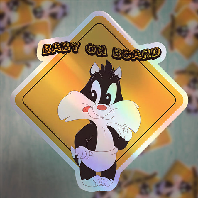 Baby Baby on Board Car Window Sticker -Looney Tunes "Baby Sylvester" - Waterproof & Holographic - Eye-catching Yellow Diamond Shape