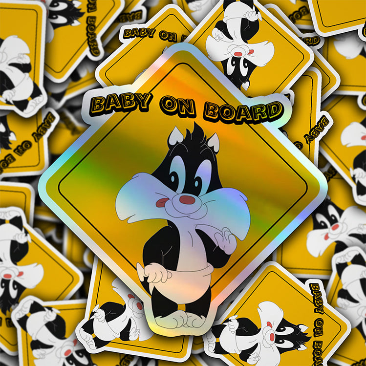 Baby Baby on Board Car Window Sticker -Looney Tunes "Baby Sylvester" - Waterproof & Holographic - Eye-catching Yellow Diamond Shape