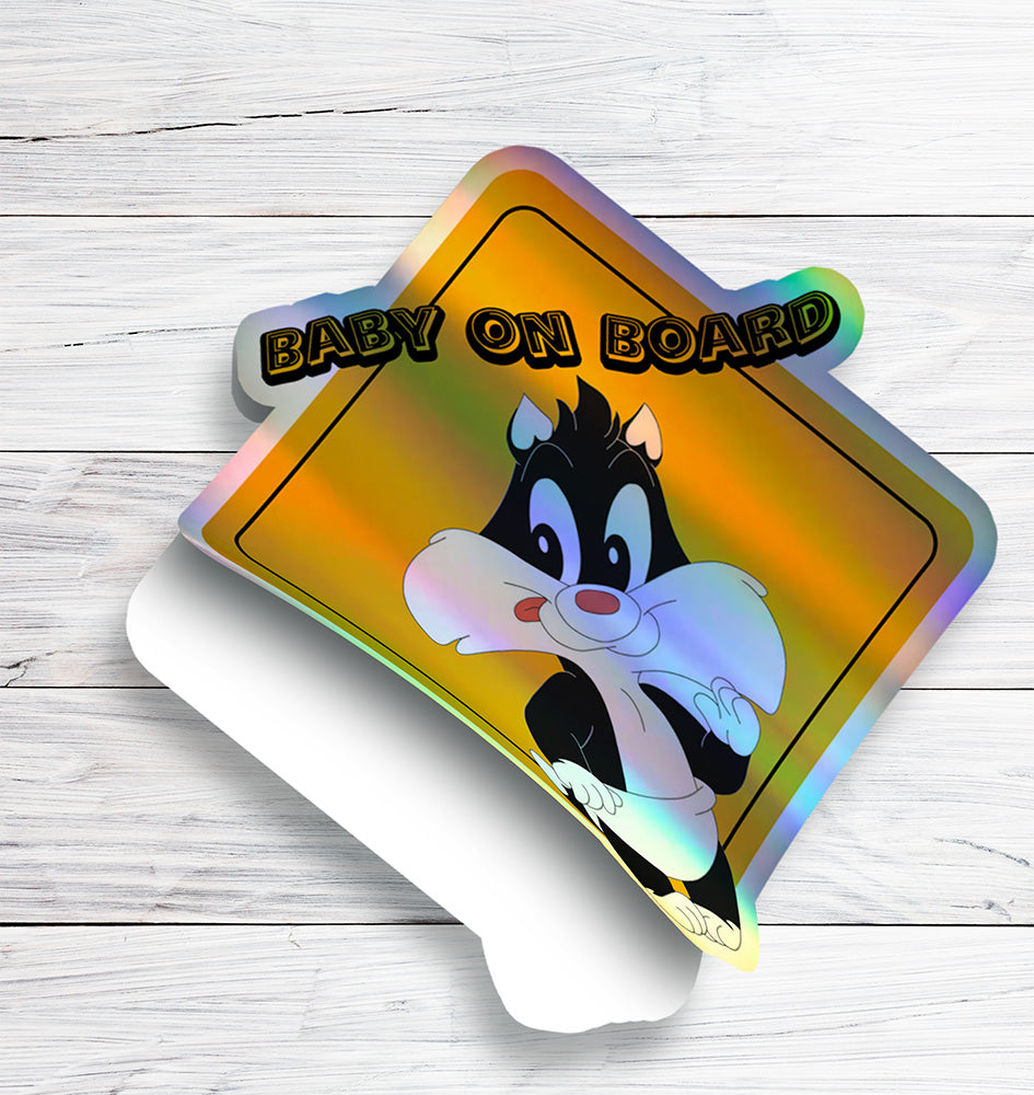 Baby Baby on Board Car Window Sticker -Looney Tunes "Baby Sylvester" - Waterproof & Holographic - Eye-catching Yellow Diamond Shape