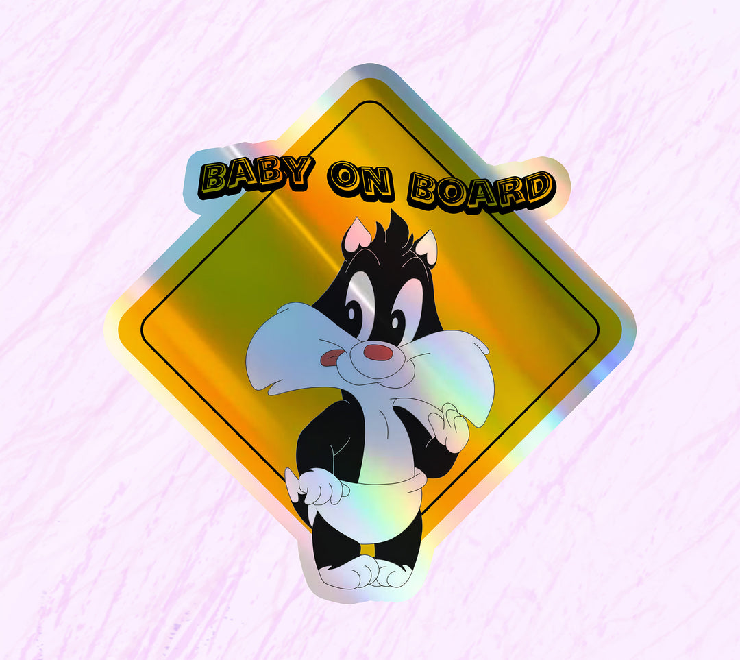 Baby Baby on Board Car Window Sticker -Looney Tunes "Baby Sylvester" - Waterproof & Holographic - Eye-catching Yellow Diamond Shape