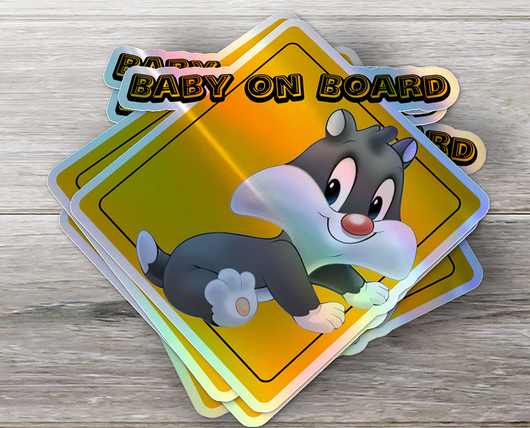 Baby on Board Car Window Sticker -Looney Tunes "Sylvester"-Waterproof & Holographic - Eye-catching Yellow Diamond Shape