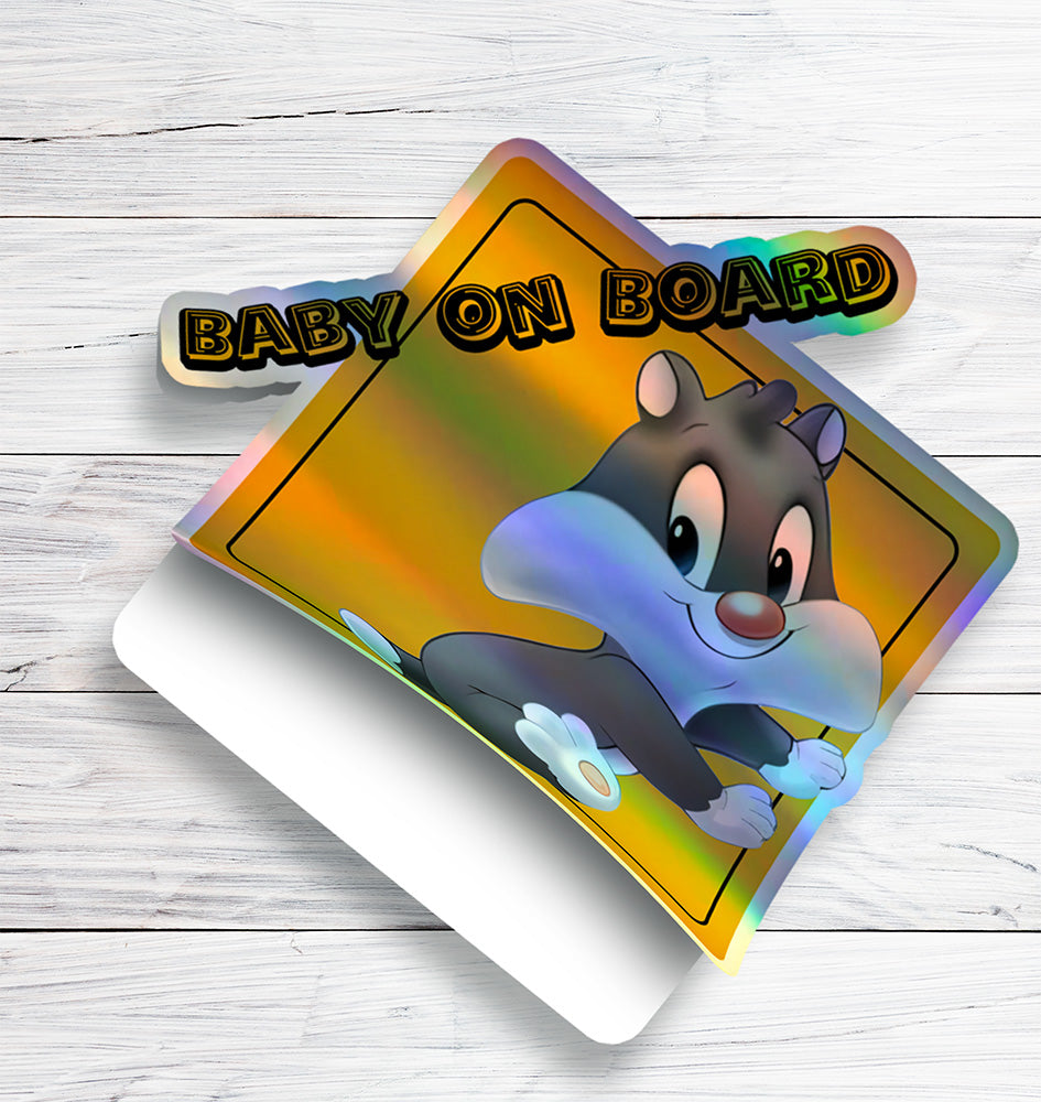 Baby on Board Car Window Sticker -Looney Tunes "Sylvester"-Waterproof & Holographic - Eye-catching Yellow Diamond Shape